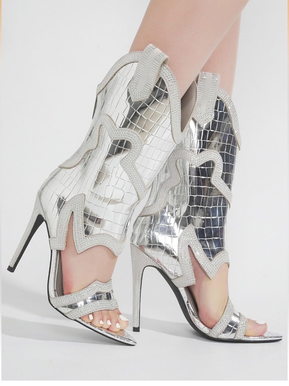 Cape Robbin Metallic Silver Croc-Embossed Cutout Stiletto Heels with White Trim